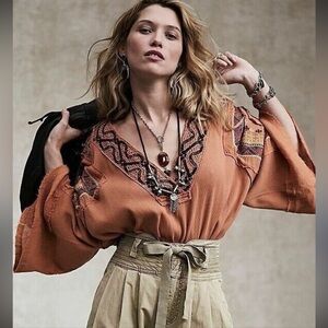 Free People Rust Embroidered Boho Blouse